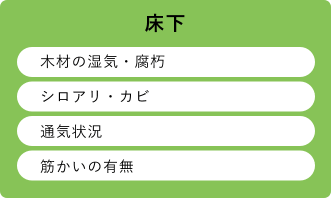 床下　木材の湿気・腐朽　シロアリ・カビ　通気状況　筋かいの有無